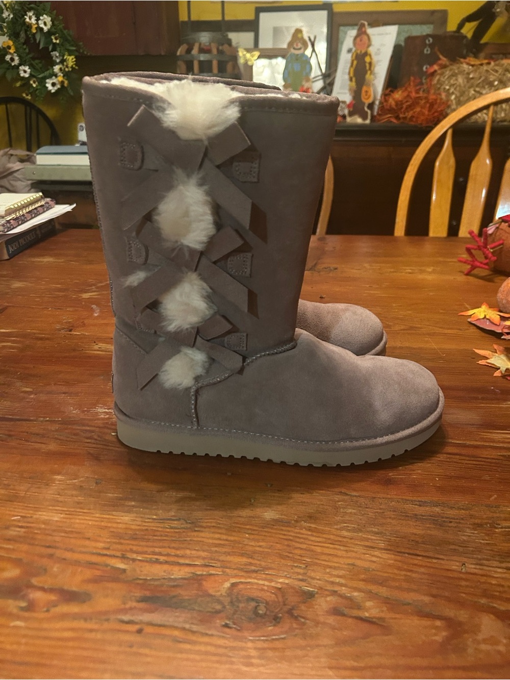 Koolaburra Gray Suede Mid-Calf Boots with Faux Fur Pom Trim